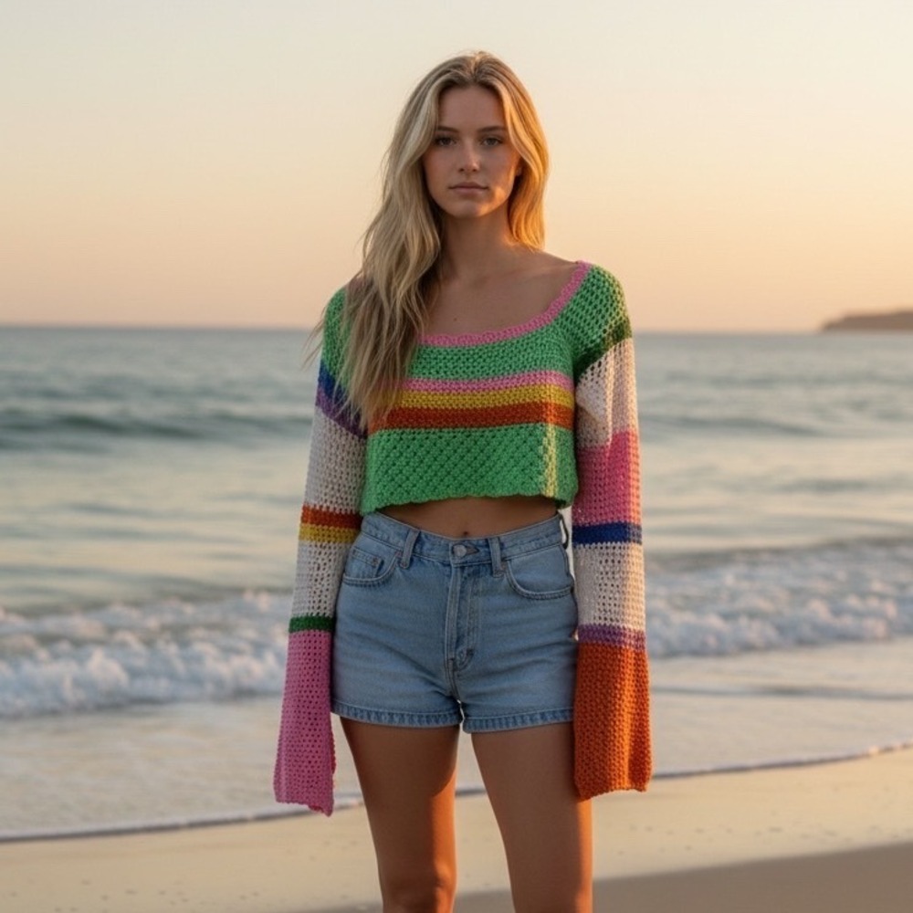 Green Multi‎ Color Crochet Knit Crop Top Long Sleeve Rainbow Mesh S Grannysquare